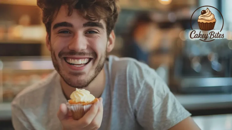 A smiling young man in a casual outfit holding a muffin, representing the playful concept of "Stud Muffins" in a modern and humorous way.