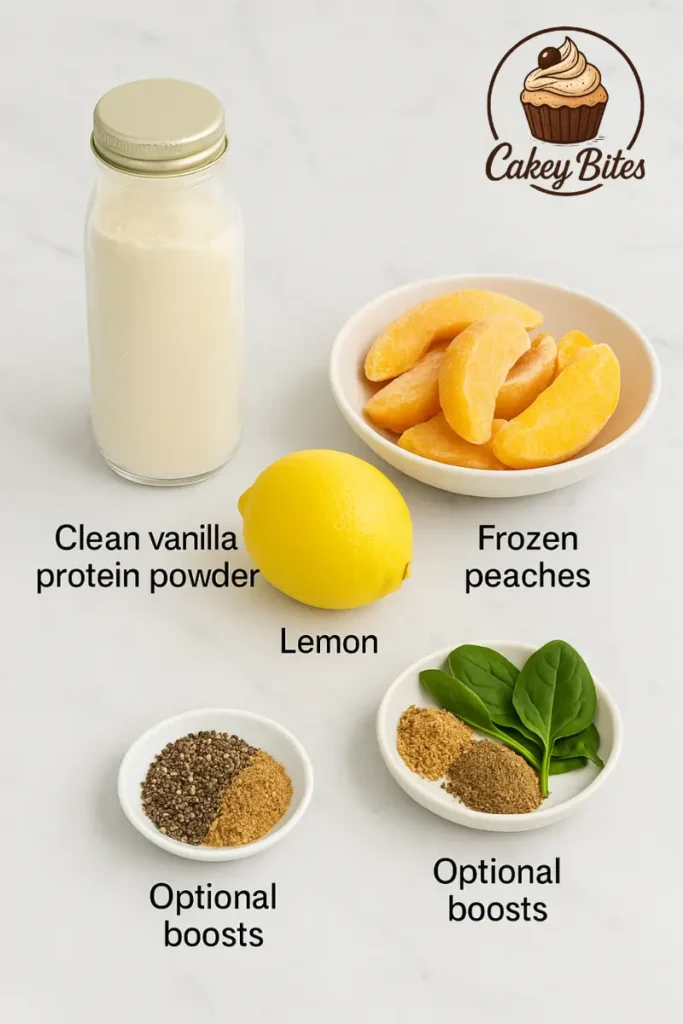 Explore the key ingredients of a vanilla protein powder peach shake—clean protein, frozen peaches, lemon, and optional superfood boosts. Flat lay of vanilla protein powder peach shake ingredients including clean vanilla protein powder, frozen peaches, lemon, and optional superfood boosts like chia, flax, and spinach.