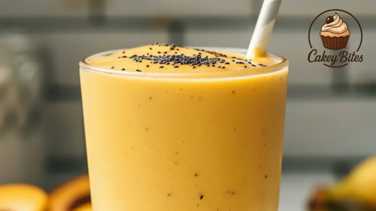 Close-up of a creamy peach shake made with vanilla protein powder, served in a tall glass with a peach slice and striped straw, illustrating a healthy vanilla protein powder peach shake recipe.