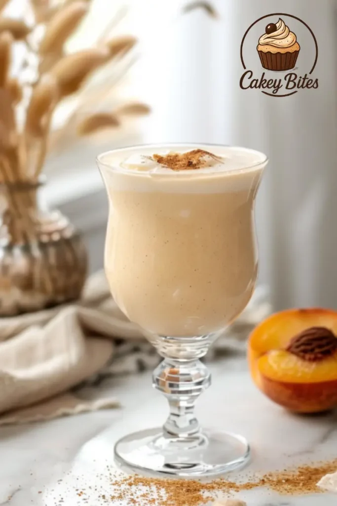 Try this cinnamon-spiced peach vanilla protein shake—creamy, warm, and full of flavor for cozy vanilla protein powder peach shake recipes. Elegant glass of cinnamon-spiced peach vanilla protein shake, made with vanilla protein powder, peaches, and ground cinnamon—ideal for cozy vanilla protein powder peach shake recipes.