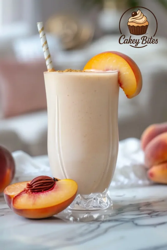 A creamy classic vanilla protein powder peach shake made with fresh peaches and clean protein—ideal for a nutritious treat. A healthy protein smoothie made with peaches and vanilla protein powder, served in a glass on a light background—perfect for creamy vanilla protein powder peach shake recipes.