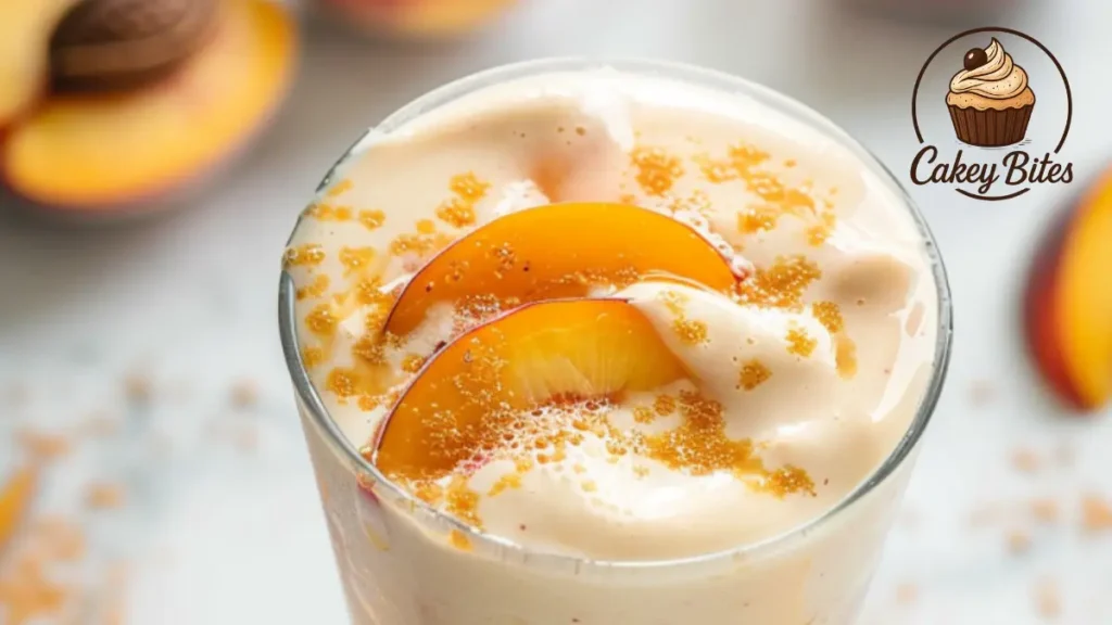 Creamy vanilla protein powder peach shake in an elegant glass, with peach slices and vanilla pods—perfect as the featured image for vanilla protein powder peach shake recipes.