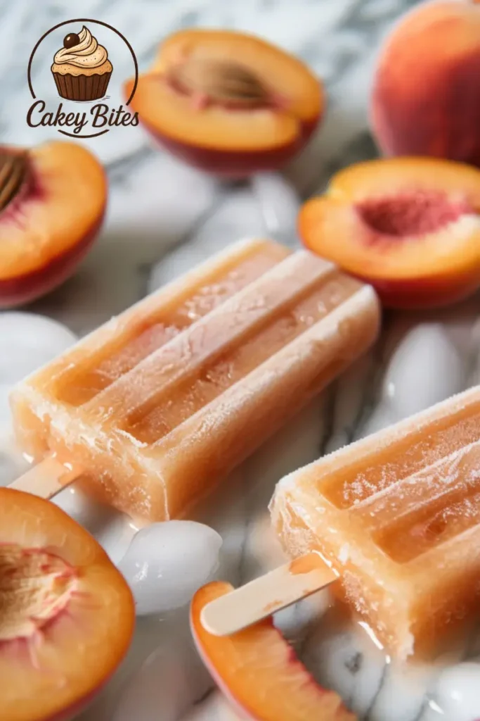 Cool down with these frozen peach vanilla protein shake pops—a high-protein, fruity twist on classic shake recipes. Healthy frozen peach pops made from vanilla protein powder peach shake, displayed on a marble dining table—ideal for fun and refreshing vanilla protein powder peach shake recipes.
