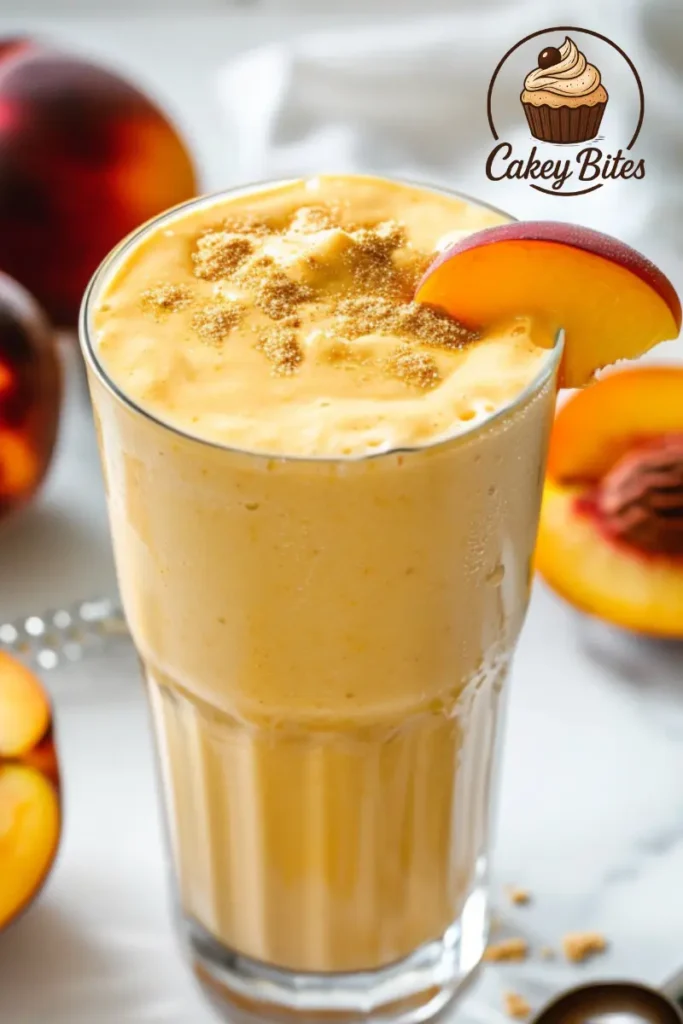 Discover my favorite vanilla protein powder peach shake recipe—smooth, energizing, and easy to make. Tall glass of vanilla protein powder peach shake on a white surface, creamy in texture and garnished for presentation—perfect for healthy vanilla protein powder peach shake recipes.