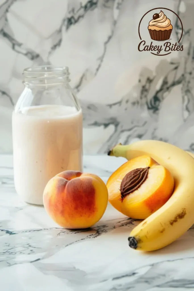 Learn about the nutrition, ingredients, and health benefits of vanilla protein powder peach shake recipes with expert-backed answers. Flat lay of smart nutrition setup featuring banana, peach, vanilla protein powder, and a shake glass—perfect visual support for FAQs and nutritional insights on vanilla protein powder peach shake recipes.