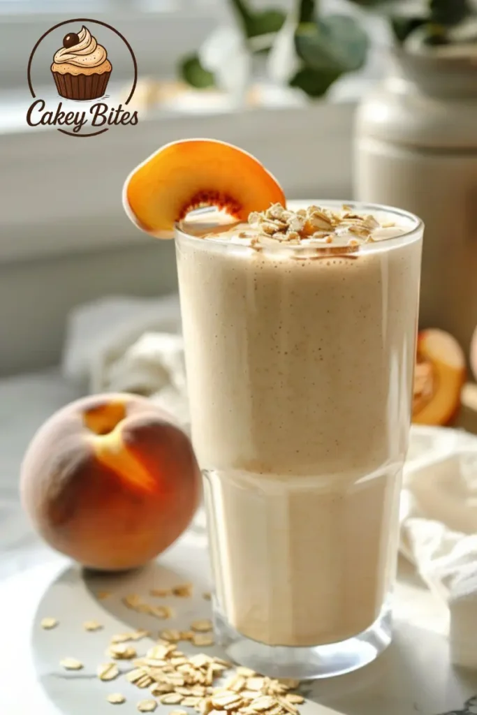 Try this oatmeal peach vanilla protein breakfast shake—made with oats, peach, and vanilla protein for a powerful morning start. Oatmeal peach vanilla protein shake served in a tall glass, made with oats, peaches, and vanilla protein powder—ideal for nutritious vanilla protein powder peach shake recipes for breakfast.