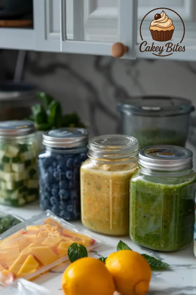 Store and freeze your vanilla protein powder peach shake recipes in jars for an easy, ready-to-go meal prep routine. Smoothie jars filled with vanilla protein powder peach shake, prepped and stored on a kitchen counter—ideal for freezing and storing vanilla protein powder peach shake recipes.