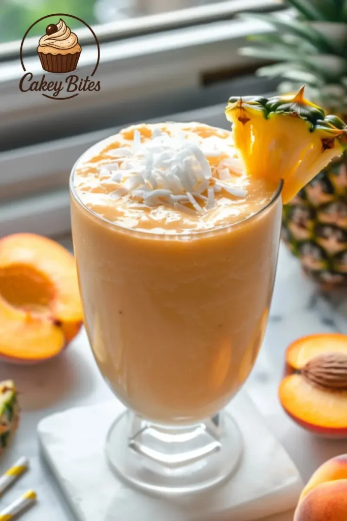 Taste the tropical twist with this peach and pineapple vanilla protein powder shake—refreshing, creamy, and high in protein. Tropical peach vanilla protein shake made with vanilla protein powder, peach, and pineapple—served in a tall glass and perfect for exotic vanilla protein powder peach shake recipes.